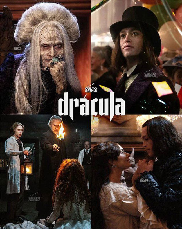 Коллаж кадров из фильма: персонажи в костюмах, сцены с лампами и романтические фрагменты, подчёркнутые театральной эстетикой и ретро‑стилистикой.