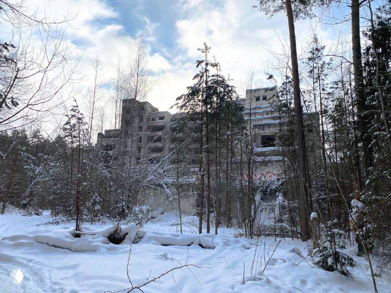 Заброшенный санаторий Паулино в зимнем лесу: пустые бетонные фасады, снег вокруг и деревья, создающие атмосферу запустения и времени.