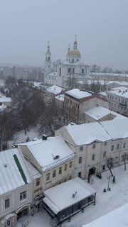 Вид с высоты на заснетые крыши Витебска днём; в кадре доминирует церковь с золотыми куполами и плотная городская застройка.
