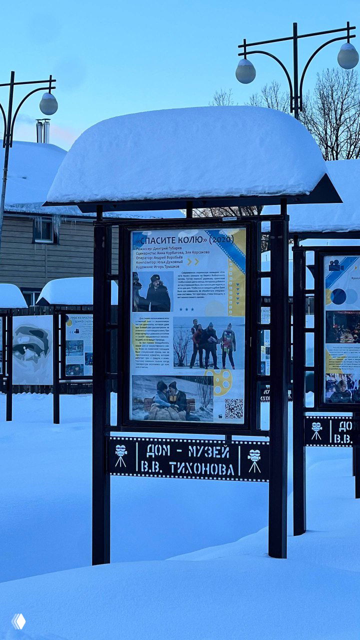 Уличный информационный стенд под снегом с программой показов и описанием проектов, связанных с Домом‑музеем В. В. Тихонова — служит для посетителей и прохожих.