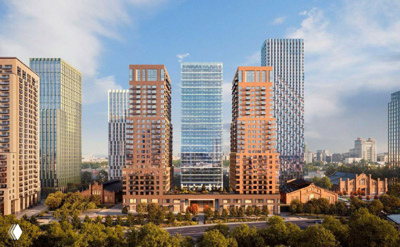 Фасады крупного квартального комплекса: кирпично-стеклянные объёмы, квартальная планировка и соседство исторической застройки на рендере.