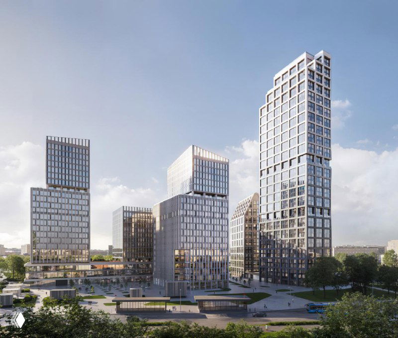 Рендер комплекса STONE Grain с видом на фасады и низкоэтажные связки, визуализация общественной площади у стилобата.