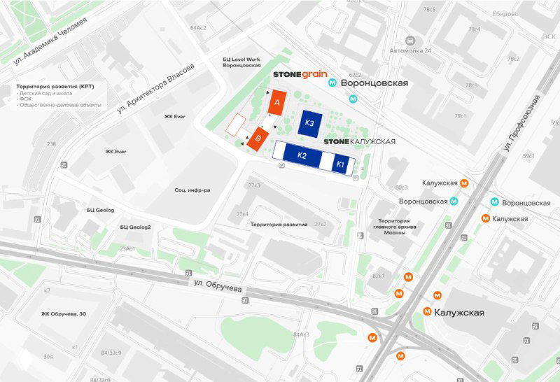 Генплан участка STONE Grain: расположение корпусов, подъездов, въезда в паркинг и близость к станциям метро.