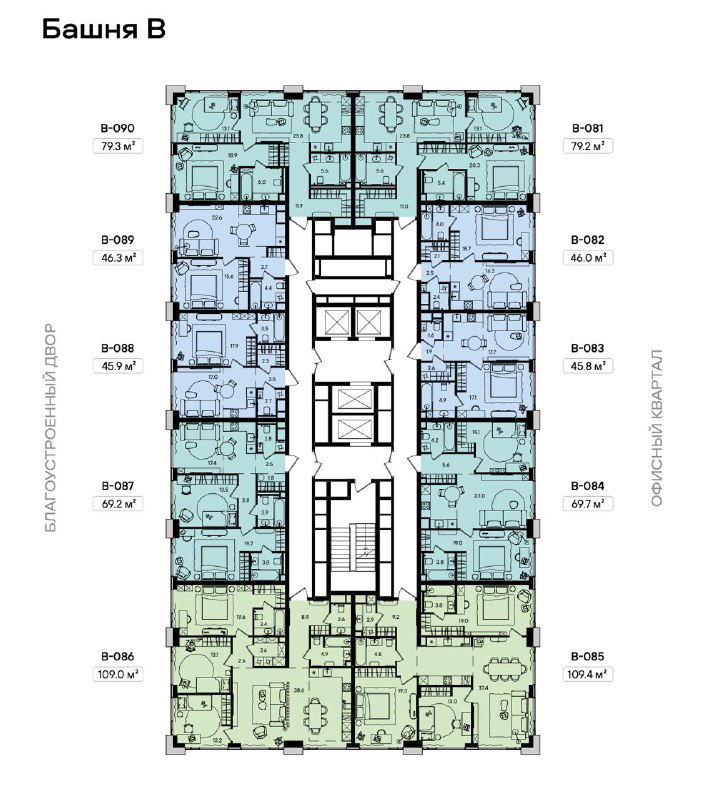 Планировка этажа Башни B: цветовая схема типов квартир, коридорные зоны и размещение сервисных помещений.