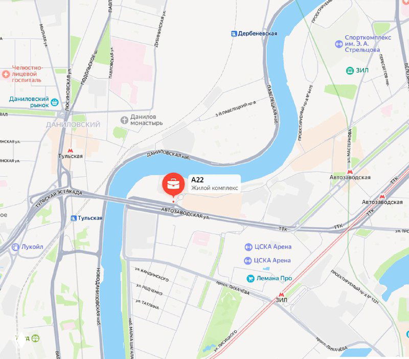 Карта расположения ЖК A22 на Автозаводской: отметка рядом с рекой, близость ТТК, станции метро Тульская и Автозаводская, окружение инфраструктуры.