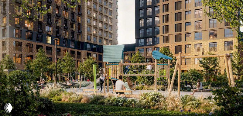 Архитектурная визуализация двора ЖК Нарвин с детской площадкой, зелёными зонами и людьми на прогулке — концепт благоустройства.