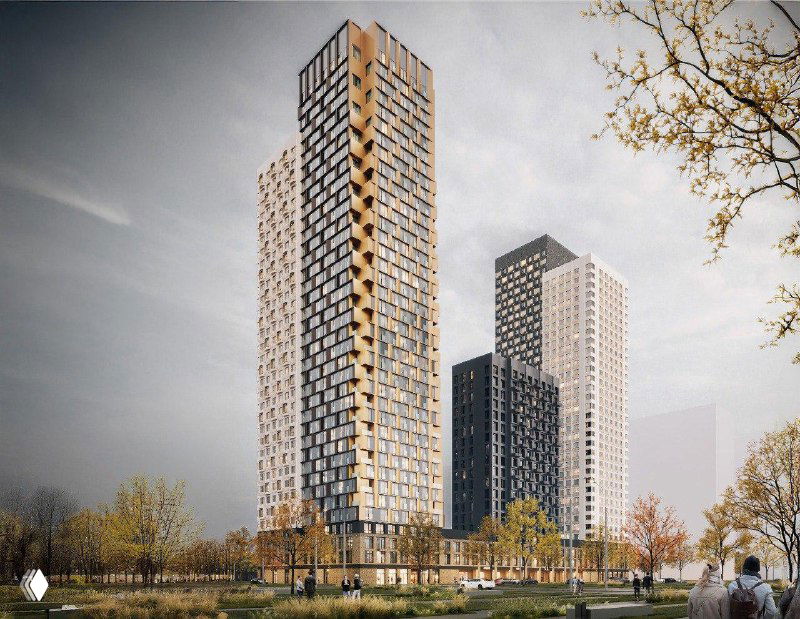 Рендер трёх башен ЖК Нарвин с акцентом на фасады и масштаб застройки, пешеходные зоны и перспективный вид со стороны улицы.