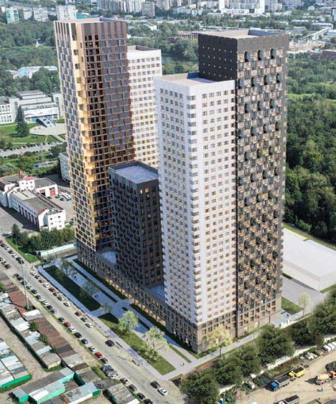 Диагональная аэровизуализация ЖК Нарвин: композиция башен, соседние улицы и примерная плотность застройки в окружении зелёных зон.