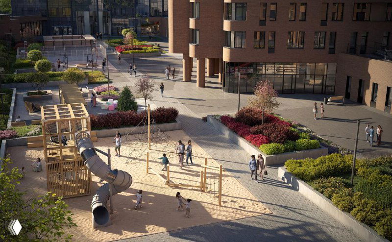 Визуализация дворовой территории жилого комплекса с детской площадкой, ландшафтом и прогулочными зонами в концепте благоустройства.