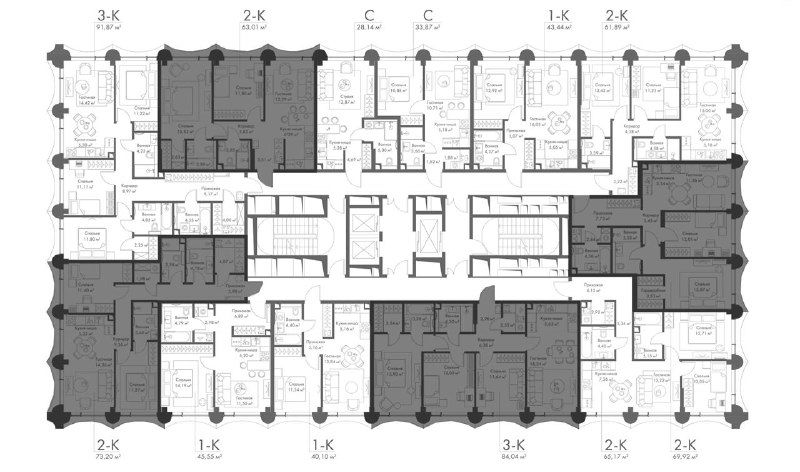 План типового этажа ЖК MИRA с обозначением лотов, коридоров и расположения квартир — видна схема распределения блоков и типов квартир.