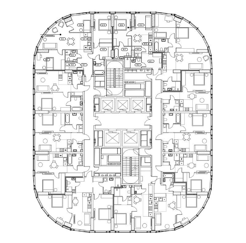 План этажа корпуса ЖК Solos с обозначением квартир, лифтов и коммуникаций — пример планировочных решений проекта.