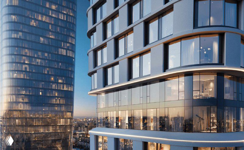 Рендер фасада одной из башен ЖК Solos с панорамными окнами и современным остеклением на фоне городской панорамы.