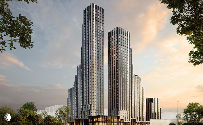 Визуализация фасадов и композиции ЖК «Крылатская 33»: несколько секций разной этажности, входная группа и масштаб комплекса.