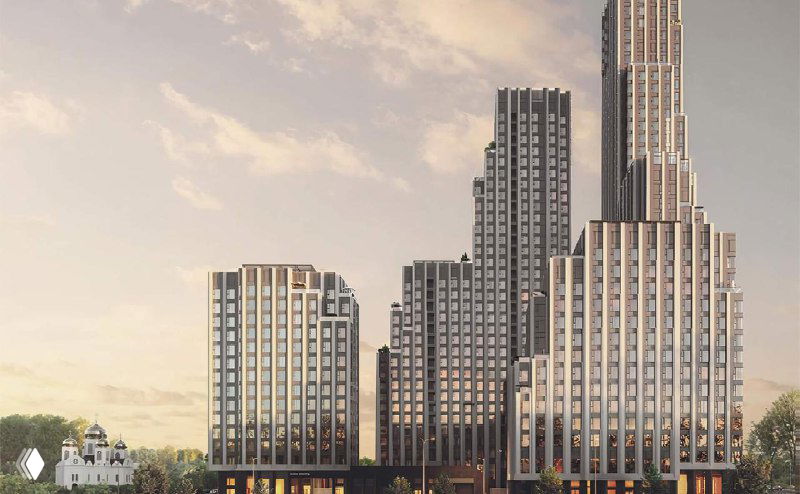 Общий рендер квартала «Крылатская 33» при закате: ступенчатая этажность и группа корпусов, окружённых зеленью и городской застройкой.