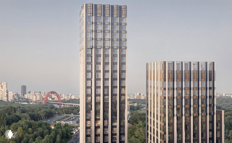 Фрагмент фасада одного из корпусов ЖК «Крылатская 33»: панорамные окна, отделочные решения и высотная композиция на рендере.