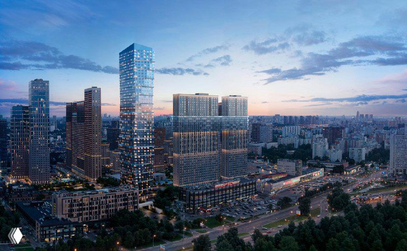 Городской панорамный рендер: комплекс «Селигер Сити» и окружающая застройка, ЖК СВЕТ виден среди соседних корпусов вдоль Дмитровского шоссе