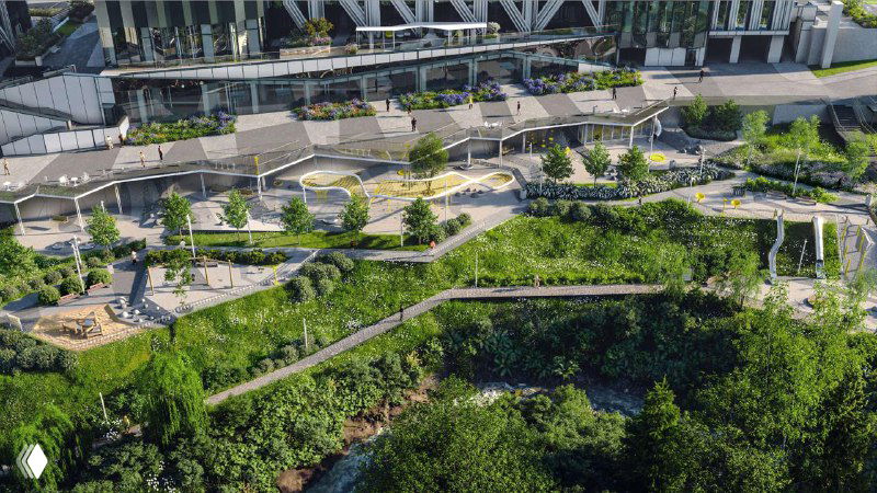 Аэрофотосъёмка зелёной парковый зоны рядом с ЖК, вид на ландшафт и прогулочные маршруты в пешей доступности от проекта.