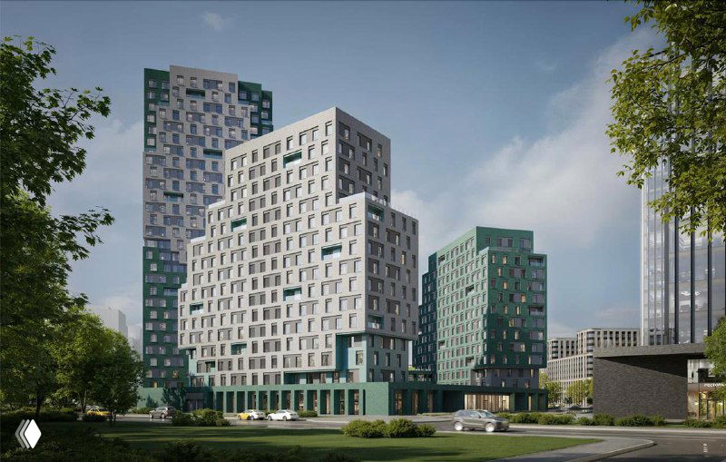 Рендер фасада жилого комплекса STONE Rise: несколько разноуровневых корпусов, зелёные зоны и благоустроенная пешеходная территория у входа