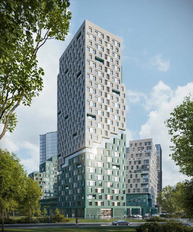 Рендер высокого корпуса ЖК STONE Rise с акцентом на фасадную модуляцию, сочетание тёмно-зелёных и светлых объёмов и стеклянные вставки
