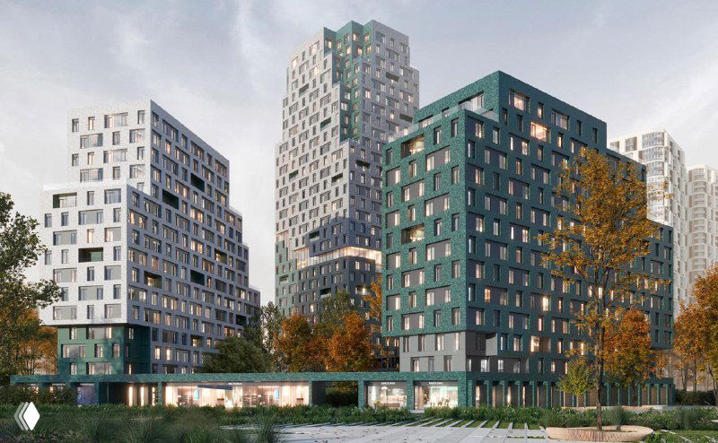 Панорамный ракурс комплекса STONE Rise: низкие и высокие секции, ландшафтные элементы и интеграция с окружением в проектной визуализации