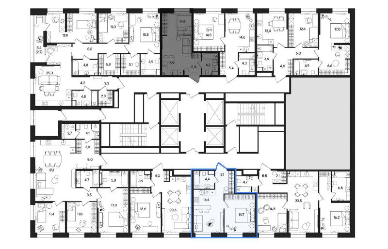 План типового этажа ЖК STONE Rise с обозначением квартир, лифтовых узлов и коридоров — пример планировочного решения для анализа рентабельности