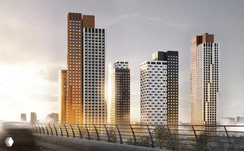 Рендер высотных башен комплекса «Мангазея»: несколько жилых корпусов бизнес‑класса на фоне города и магистрали, вечернее освещение фасадов.