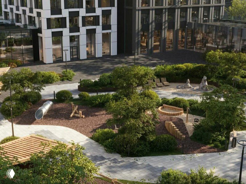 Визуализация благоустройства двора: игровые элементы, озеленение и пешеходные зоны внутри жилого квартала бизнес‑класса.