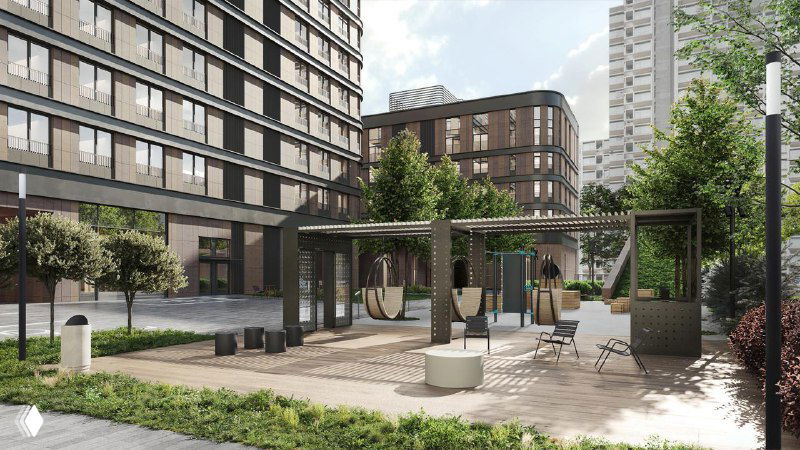 Визуализация внутреннего двора ЖК Mariinn Park: благоустройство, зоны отдыха, озеленение и уличная мебель для жителей комплекса.