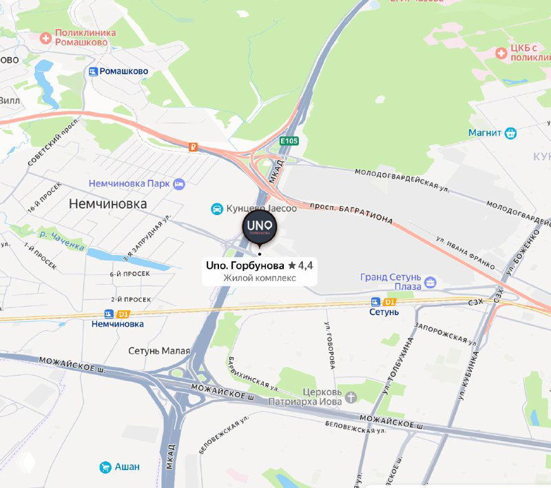 Фрагмент карты с расположением ЖК UNO.Горбунова на ул. Горбунова: отметка проекта, развязки МКАД и линии МЦД поблизости.