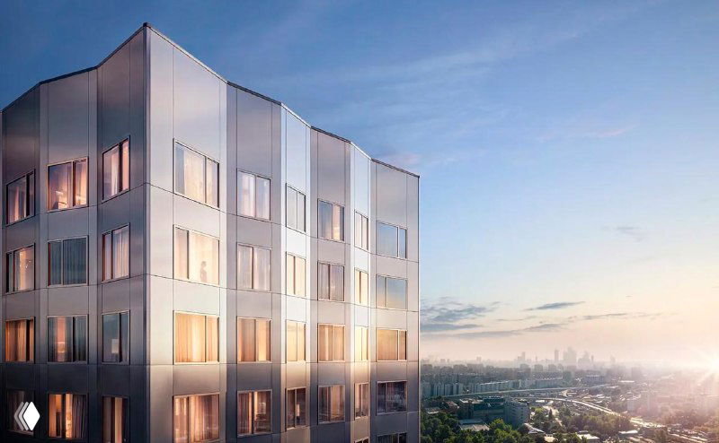 Деталь фасада и архитектурных решений UNO.Горбунова: материалы облицовки, угловые окна и вид на городские горизонты из окон верхних этажей.