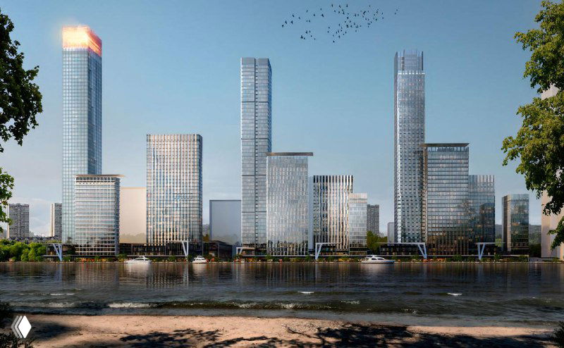 Вид на жилой комплекс с противоположного берега: многоэтажные башни, проектная набережная и акцент на водные виды из квартир.
