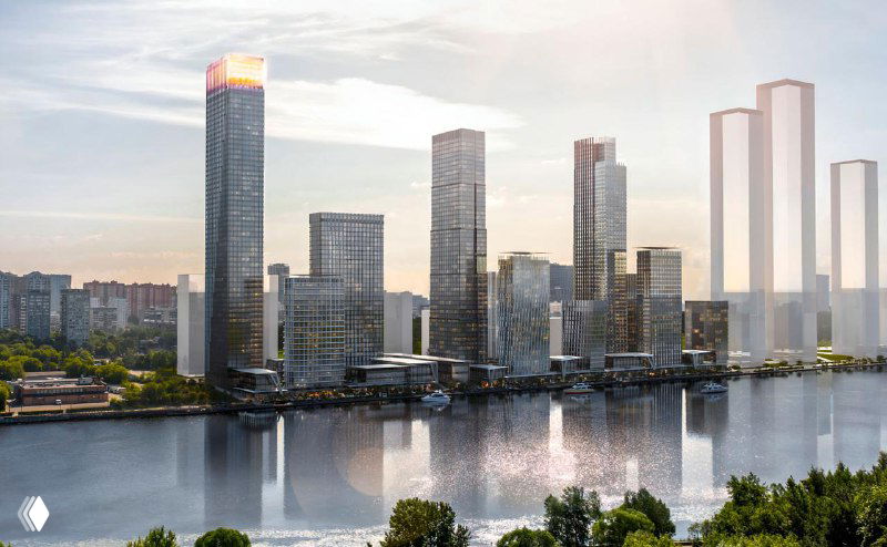 Дневной вид на комплекс с воды: акцент на архитектуре, береговой линии и интеграции проекта в городскую среду Левобережного.