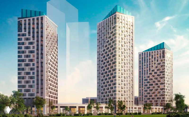 Визуализация внешнего вида жилого комплекса Level Войковская: три высокие башни бизнес-класса на фоне неба и городского окружения