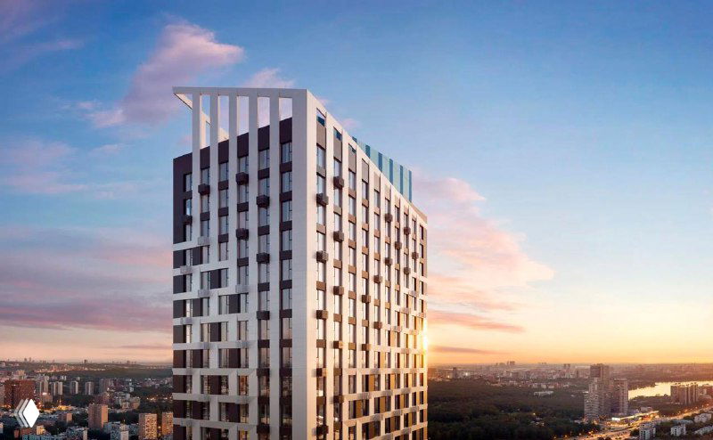 Рендера угол фасада одного из корпусов Level Войковская на закате: фасадные решения, архитектурные акценты и городская перспектива