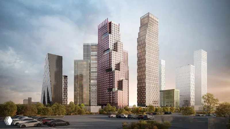 Архитектурный рендер высотных корпусов ЖК UltimaCity: несколько современных башен разной высотности на фоне неба и городской среды.