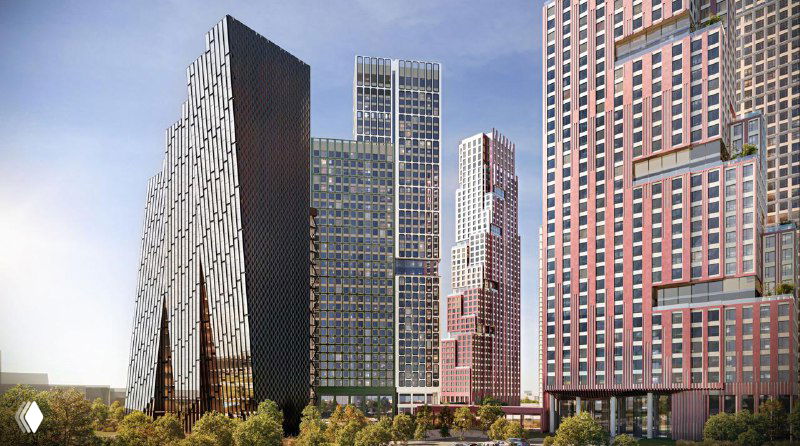 Фрагмент визуализации квартала UltimaCity с близкими планировками корпусов и фасадными решениями, вид со стороны дворовой зоны.