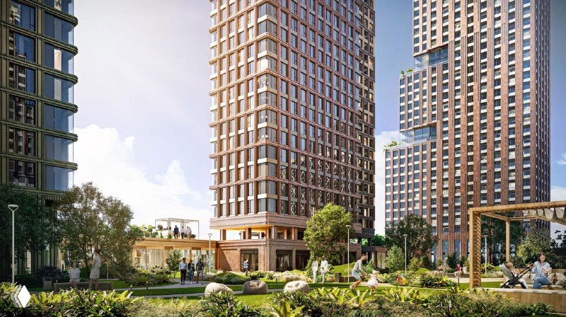 Рендер благоустроенной дворовой территории ЖК UltimaCity с зелеными зонами, пешеходными дорожками и входами в коммерческие помещения на первом этаже.