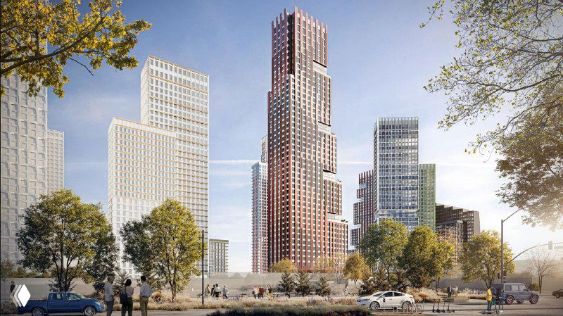 Перспективный вид на несколько корпусов UltimaCity со стороны улицы, показана интеграция комплекса в городскую среду и улицы рядом.