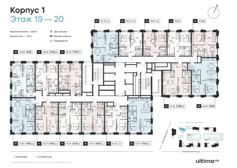 Планировка типового этажа Корпус 1: схема квартир, коридоров и лифтов, показаны размеры и расположение комнат на этаже для оценки планировочных решений.