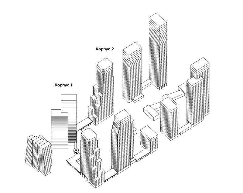 Схематическая модель застройки с обозначением корпусов 1 и 2 — общий массогабаритный план комплекса UltimaCity для понимания очертаний квартала.