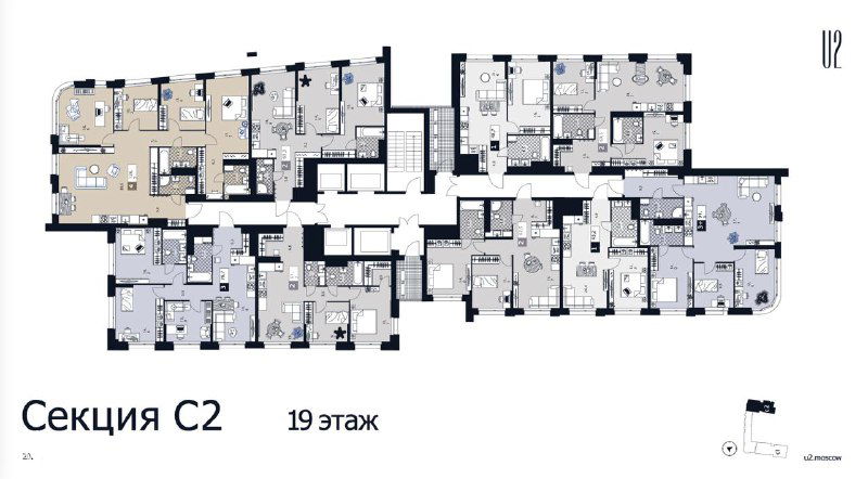 План секции C2 19 этажа с обозначением квартир и типовыми планировками, демонстрация компоновки этажей в корпусе комплекса U2.