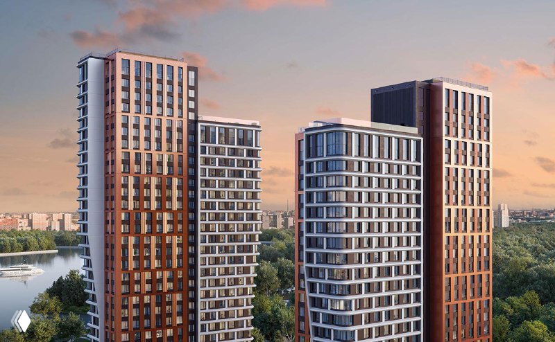 Архитектурная визуализация трёх башен жилого комплекса U2 на фоне реки и зелёных насаждений, подчёркивающая фасад и масштаб проекта.