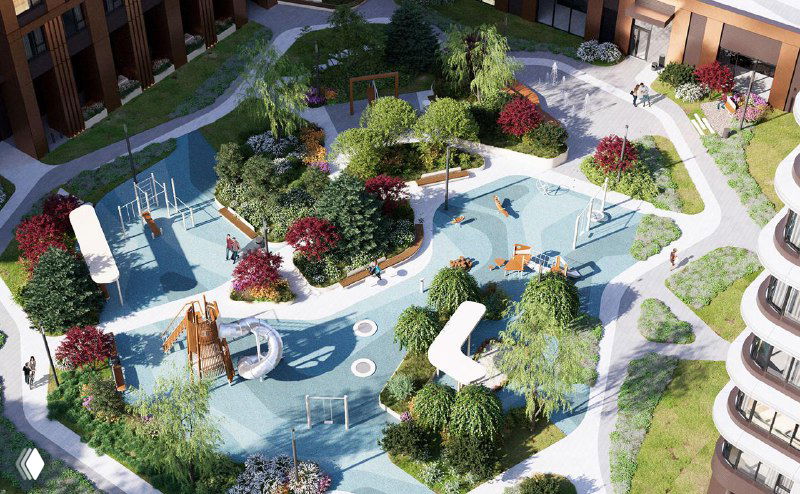 Проектная визуализация внутреннего двора и детской игровой зоны ЖК U2 с ландшафтным дизайном, малыми архитектурными формами и зелёными насаждениями.