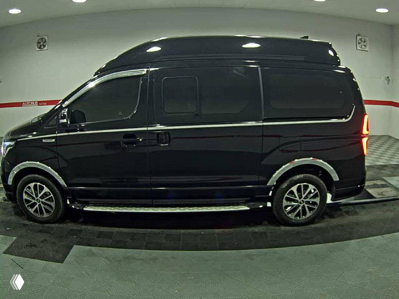 Боковой профиль Hyundai Grand Starex Limousine: увеличенная высота крыши, боковые подножки и гладкий чёрный кузов при искусственном освещении.