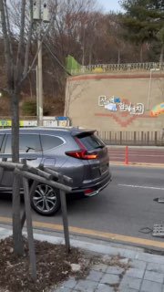 Серый Honda CRV 2021 едет по городской улице, вид сзади на багажник и задние фары; рядом тротуар, ограждение и деревья в городской застройке.