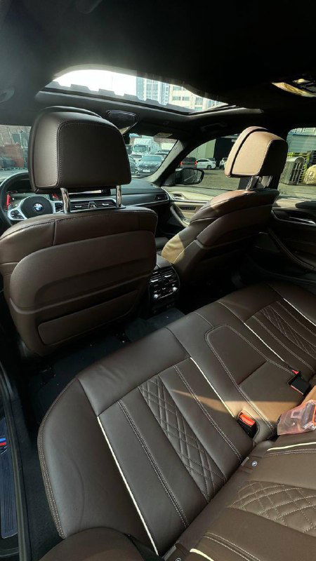 Задние сиденья BMW 540i коричневой кожи, обзор пространства для пассажиров, подлокотник и подголовники видны крупным планом.