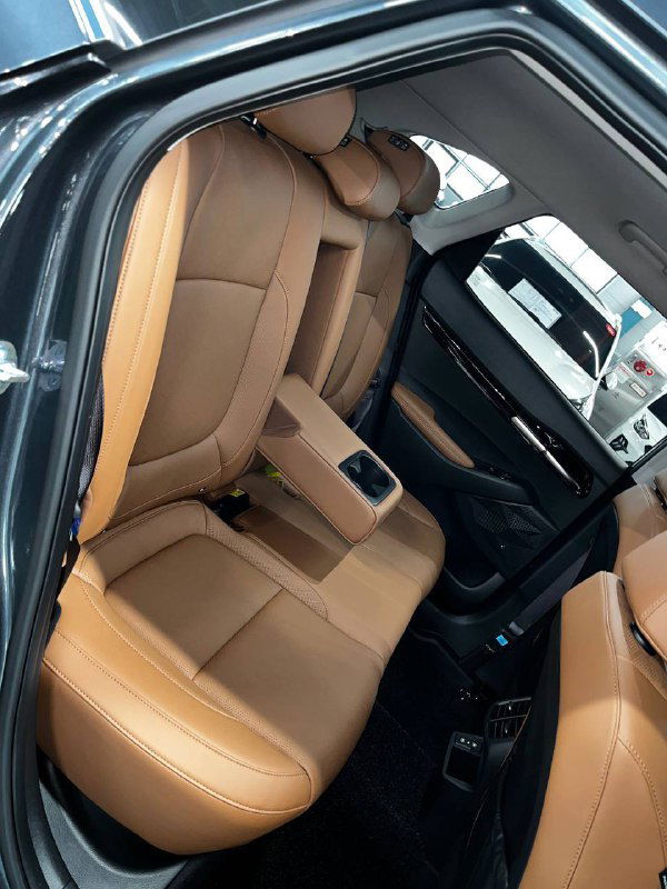 Вид задних сидений и открытой двери Kia Seltos Signature 2024: коричневая кожаная обивка, боковая панель двери и складной подлокотник с подстаканниками.