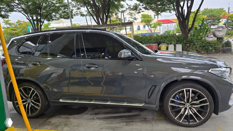 Ещё боковой ракурс BMW X5 40D с акцентом на дверные линии и колёсные арки, зелёный фон деревьев у заправки.