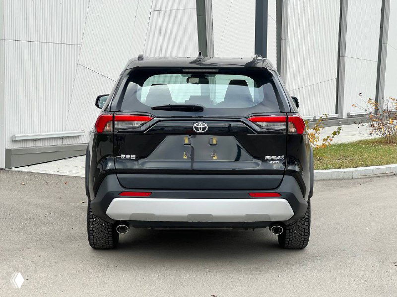 Прямой вид на заднюю часть чёрного Toyota RAV4: багажник, номерной карман и форма фонарей на нейтральном фоне.