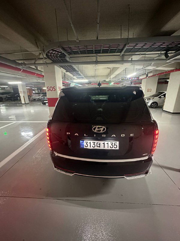 Задняя часть Hyundai Palisade 2025 в паркинге: фары включены, видна эмблема Hyundai и номерной знак на багажнике.